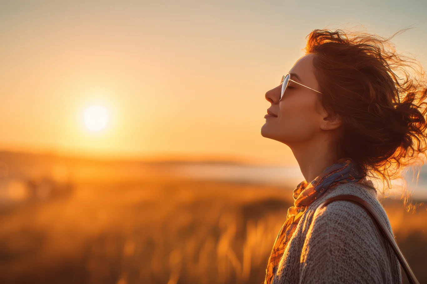 Golden Hour Serenity and Wellness A woman in profile wearing sunglasses smiling peacefully with her head tilted back to catch the warm glow of a setting sun in an open field