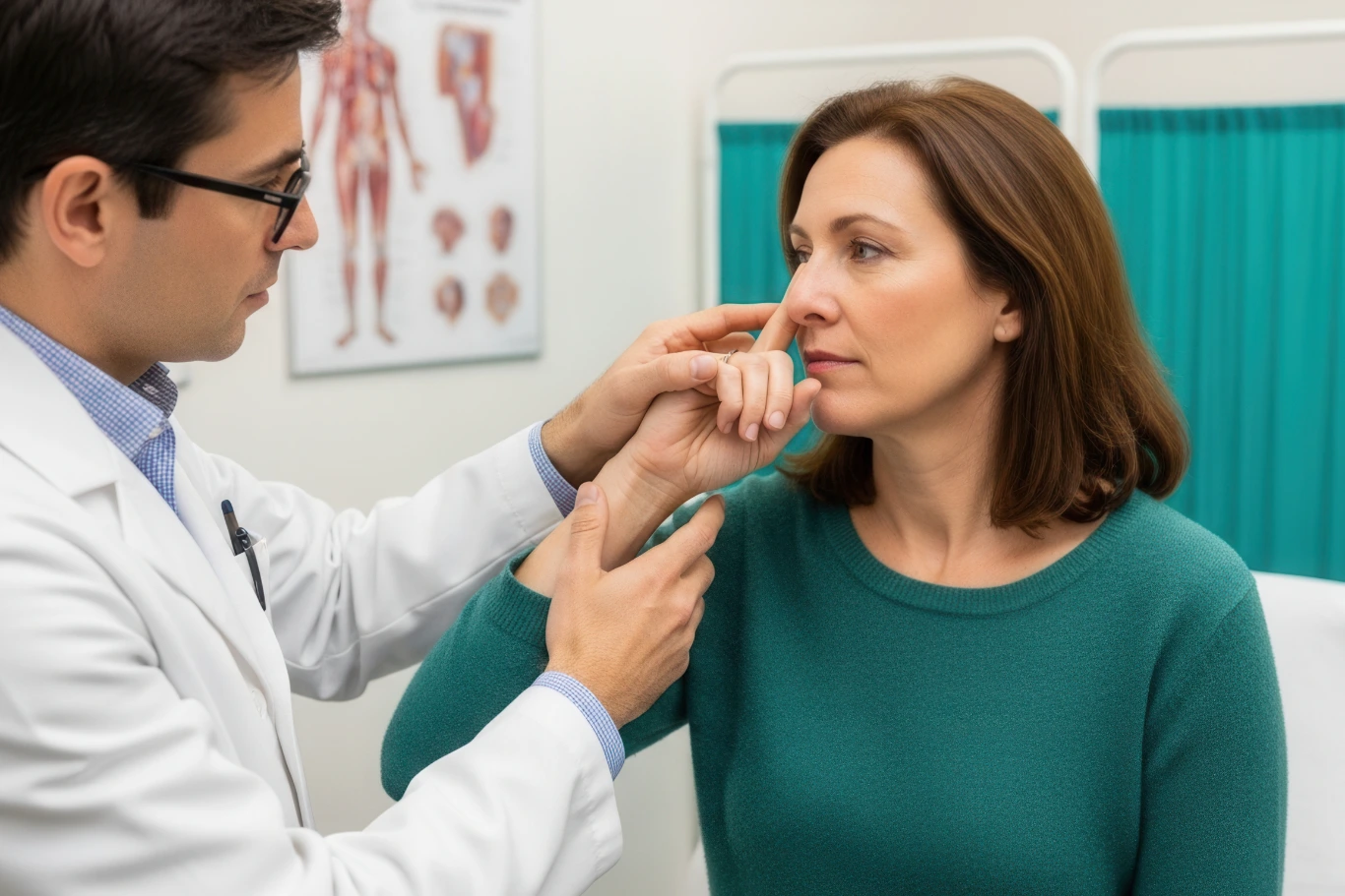 Doctor examining patient's nose in a medical examination room